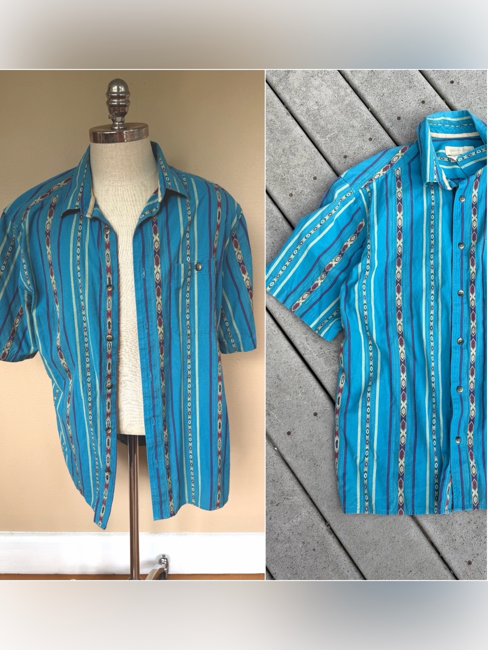 Vintage 90’s Men's Teal Stripe Short-Sleeve Button-Up Shirt